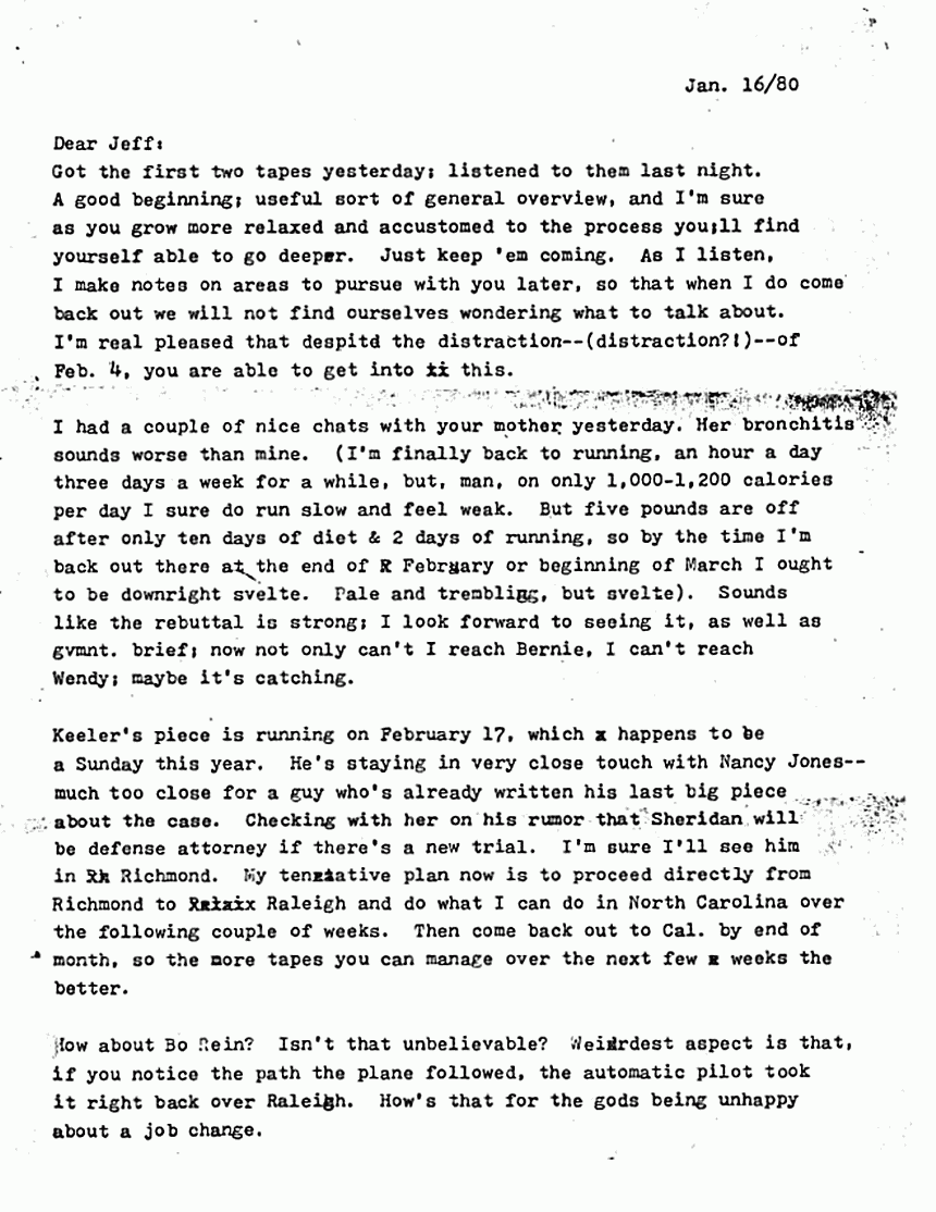 Jan. 16, 1980: Letter from Joe McGinniss to Jeffrey MacDonald re: first tapes for Fatal Vision, p. 1 of 2