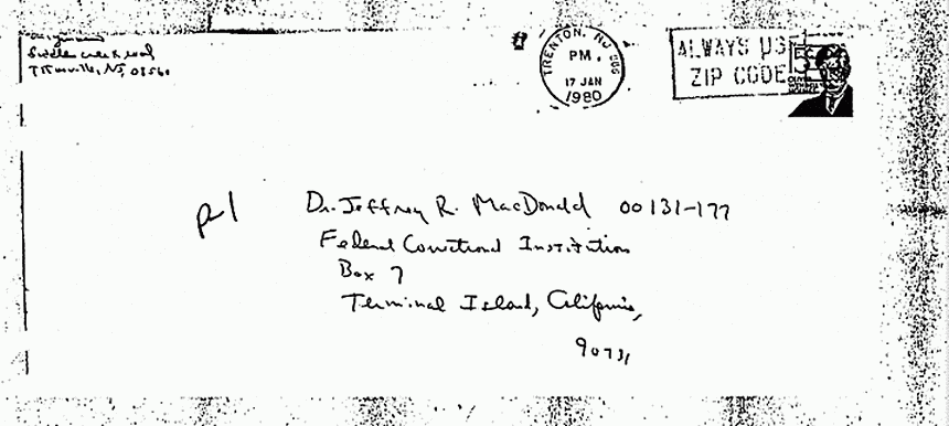 JJan. 16, 1980: Envelope for letter from Joe McGinniss to Jeffrey MacDonald re: first tapes for Fatal Vision