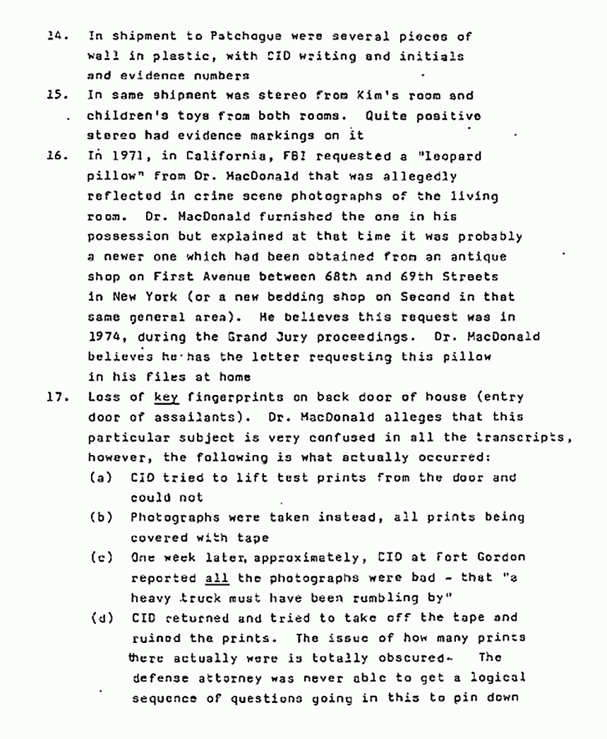January 21, 1980: Ted Gunderson's summary of Jeffrey MacDonald's recollections of the crime scene investigation, p. 2 of 5