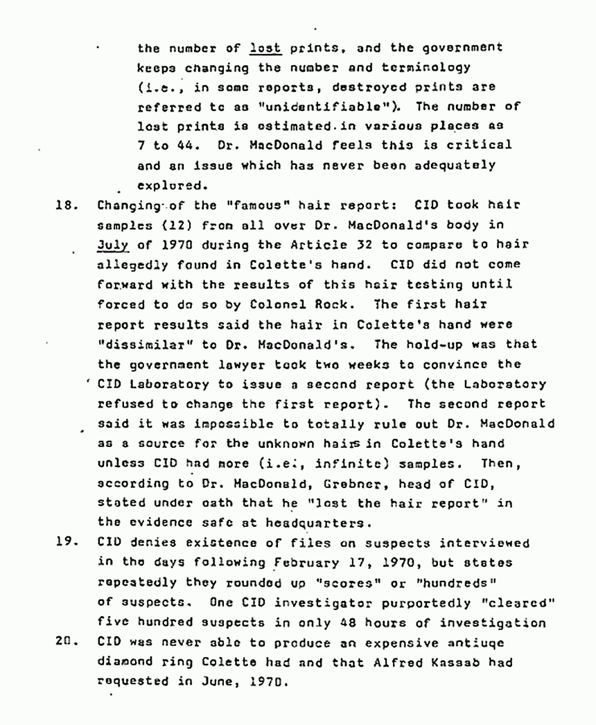 January 21, 1980: Ted Gunderson's summary of Jeffrey MacDonald's recollections of the crime scene investigation, p. 3 of 5