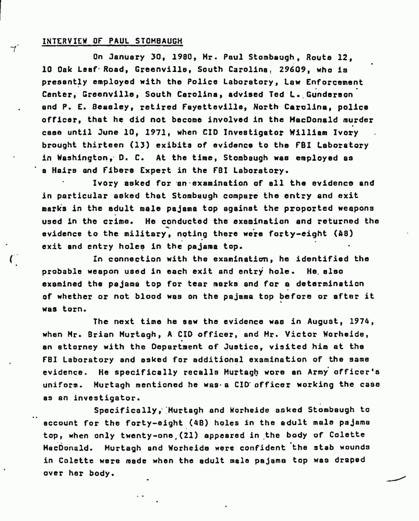 January 30, 1980: Ted Gunderson's summary of interview of Paul Stombaugh, p. 1 of 4