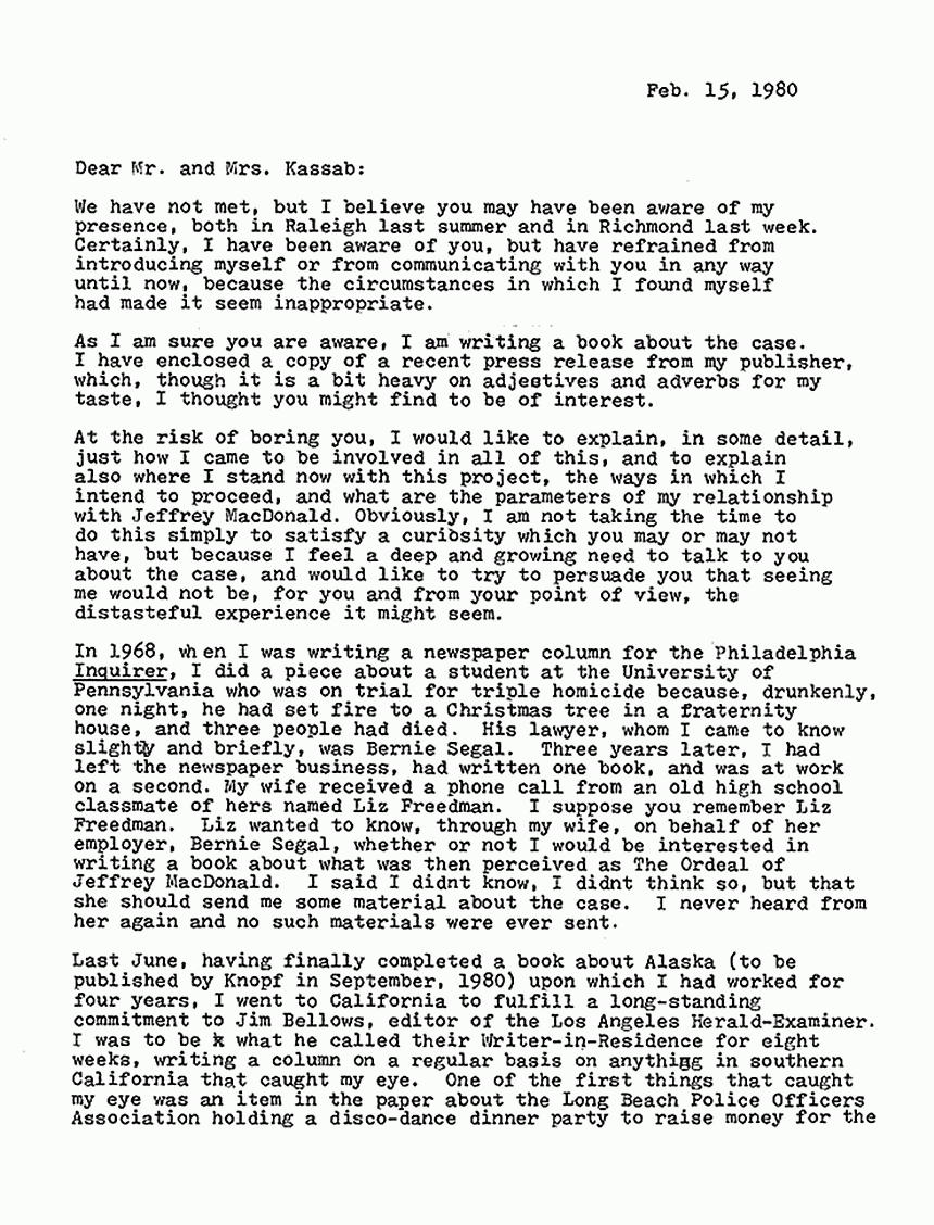 February 15, 1980: Letter from Joe McGinniss to Freddy and Mildred Kassab re: Fatal Vision, p. 1 of 4