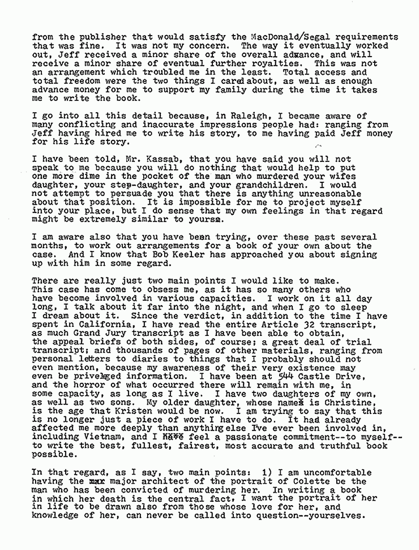 February 15, 1980: Letter from Joe McGinniss to Freddy and Mildred Kassab re: Fatal Vision, p. 3 of 4