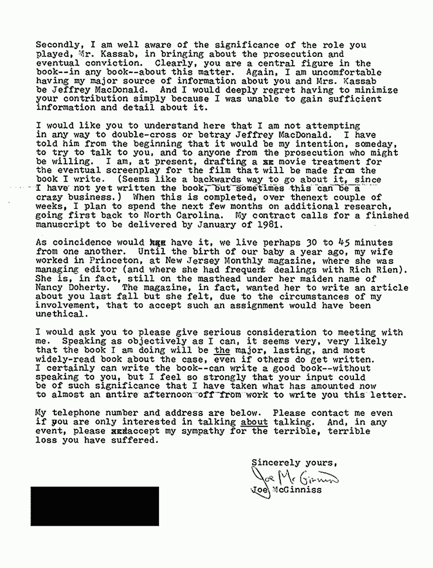 February 15, 1980: Letter from Joe McGinniss to Freddy and Mildred Kassab re: Fatal Vision, p. 4 of 4