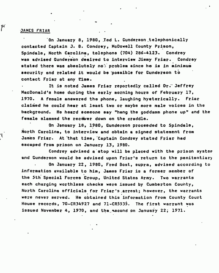 April 11, 1980: Investigative Report by Ted Gunderson: More information on Jimmy Friar, William Posey, and the rocking horse, p. 1 of 5