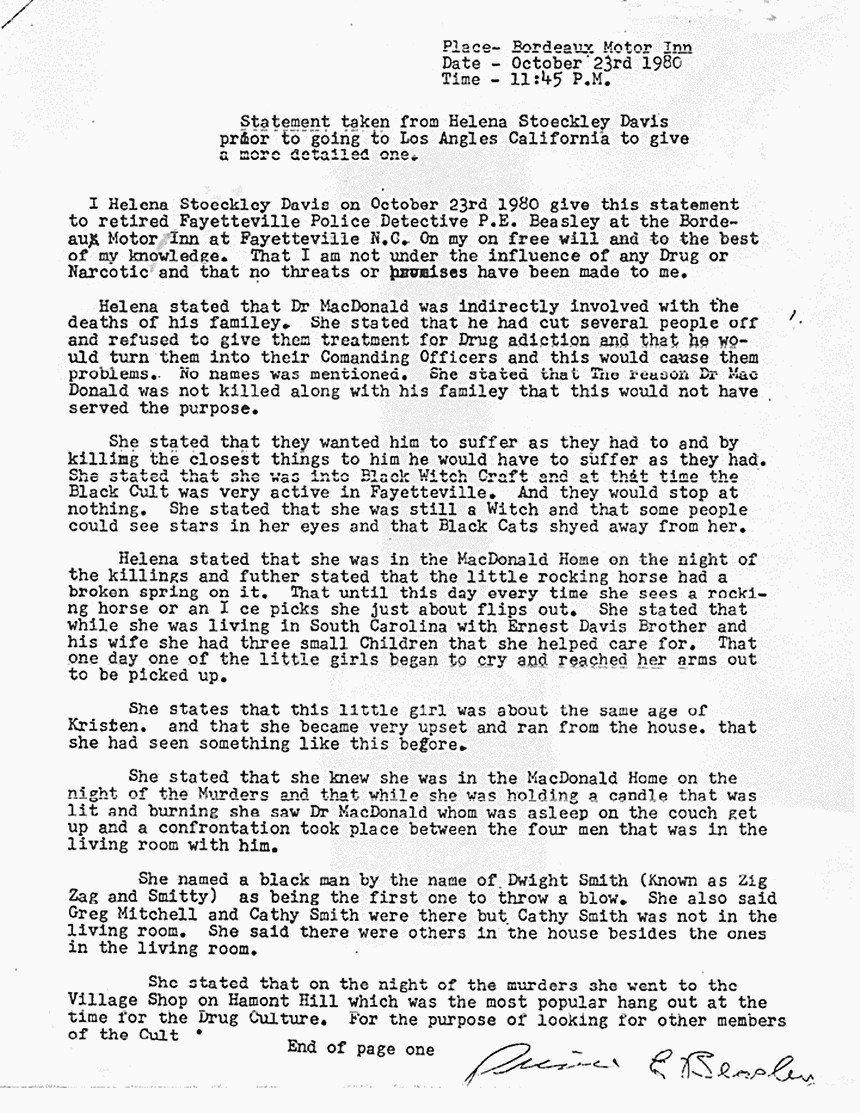 October 23, 1980: Memo from P. E. Beasley re: Interview with Helena Stoeckley, p. 1 of 3