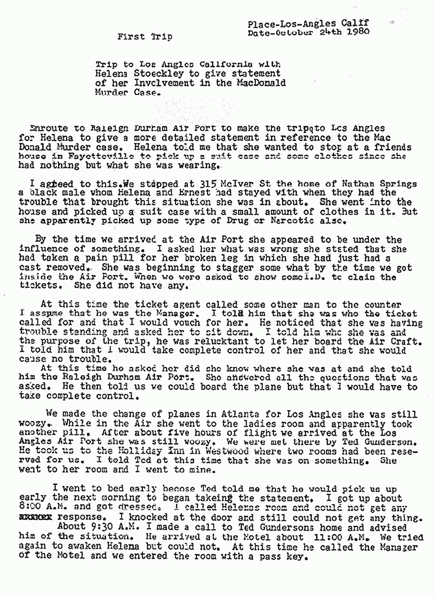 October 24, 1980: Memo from P. E. Beasley re: Interview with Helena Stoeckley, p. 1 of 2