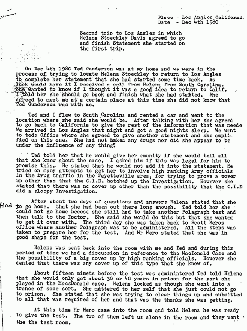 December 4, 1980: Memo from P. E. Beasley re: Second trip to Los Angeles to finish statement of Helena Stoeckley, p. 1 of 2