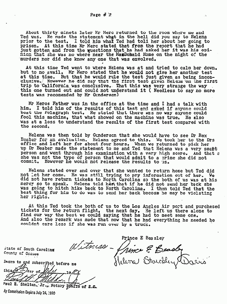 December 4, 1980: Memo from P. E. Beasley re: Second trip to Los Angeles to finish statement of Helena Stoeckley, p. 2 of 2