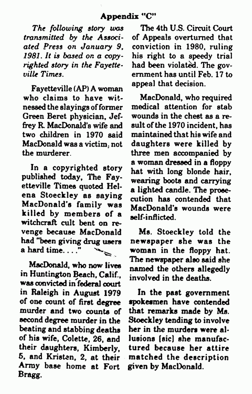 January 9, 1981: Article transmitted by the Associated Press re: Helena Stoeckley, p. 1 of 3