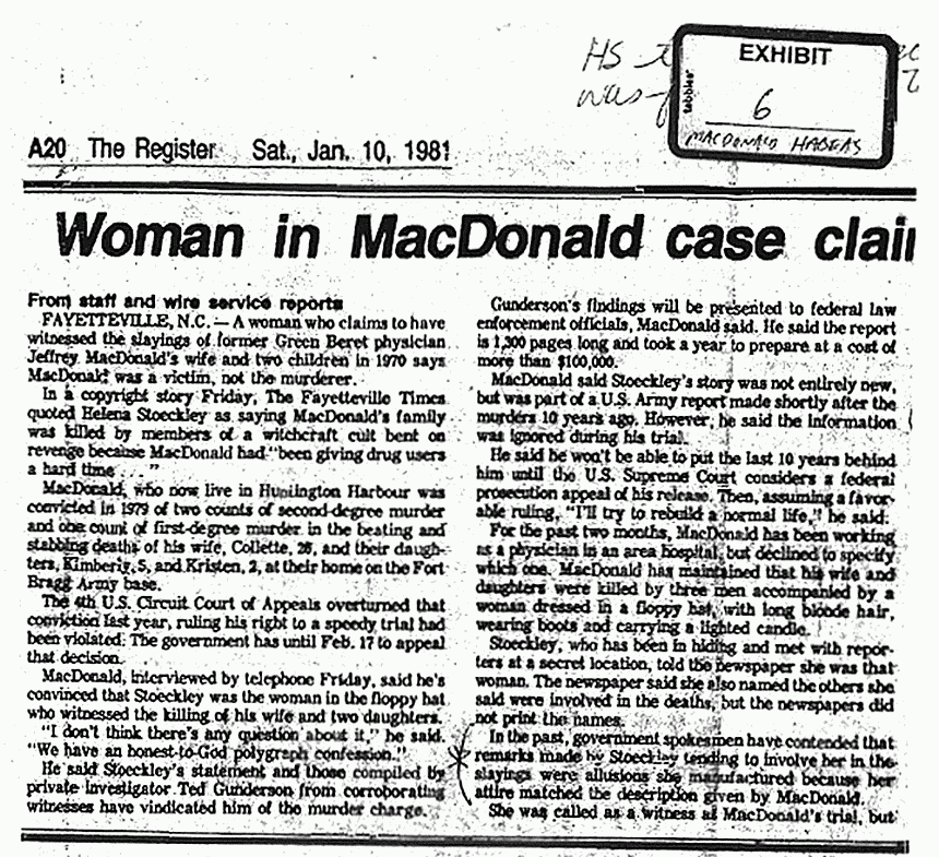 January 10, 1981: Newspaper Article: Woman in MacDonald Case Claims He Was Victim Not Murderer, The Register, (Fayetteville, N.C.), p. 1 of 2