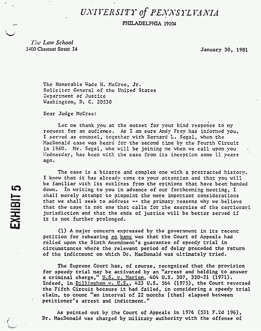 January 30, 1981: Letter from defense attorney Ralph Spritzer to Judge McCree, Solicitor General, Dept. of Justice, p. 1 of 5