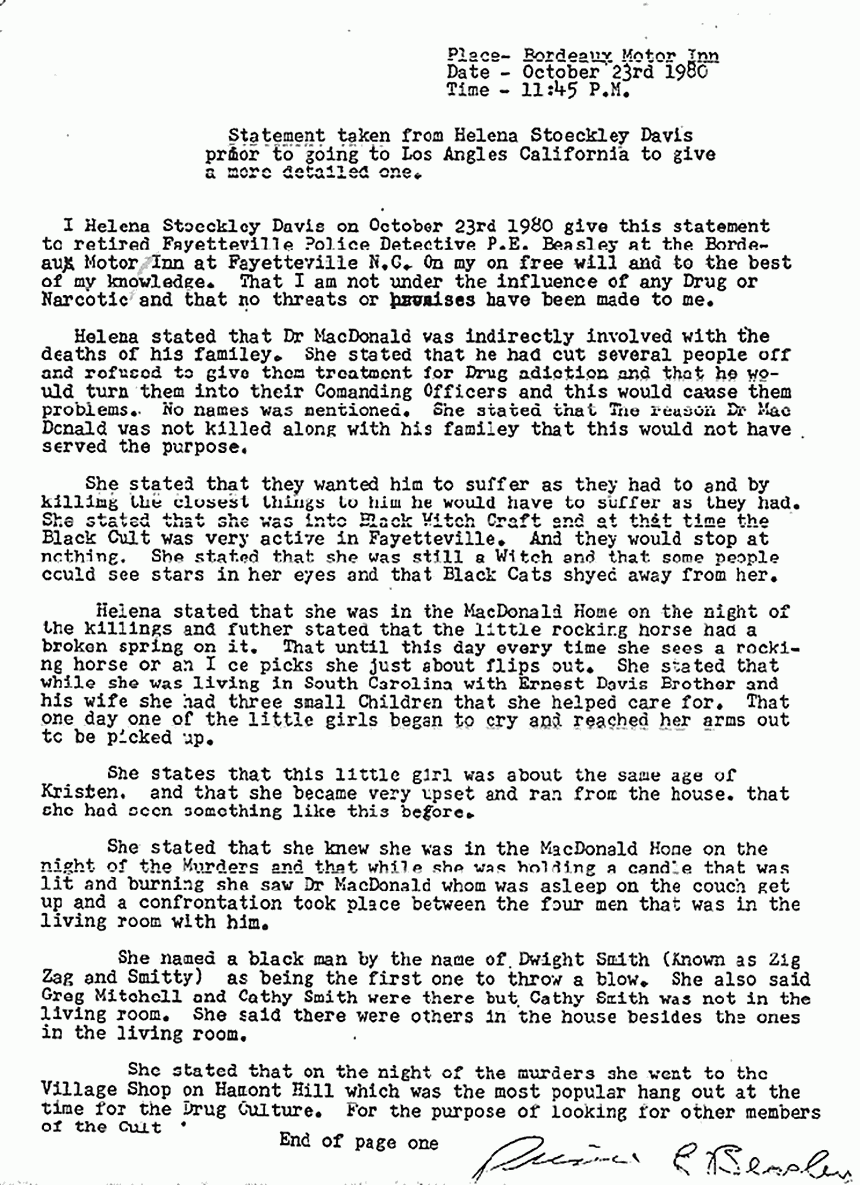 July 25, 1981: Statement of P. E. Beasley re: Interview with Helena Stoeckley, p. 1 of 3