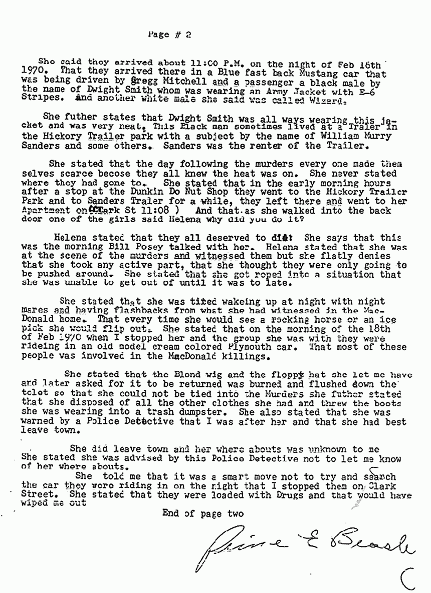 July 25, 1981: Statement of P. E. Beasley re: Interview with Helena Stoeckley, p. 2 of 3