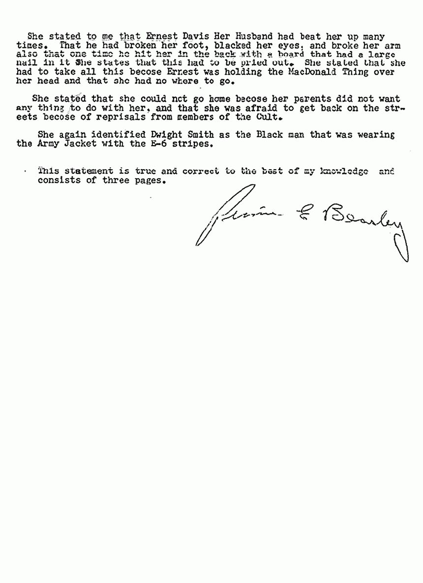 July 25, 1981: Statement of P. E. Beasley re: Interview with Helena Stoeckley, p. 3 of 3