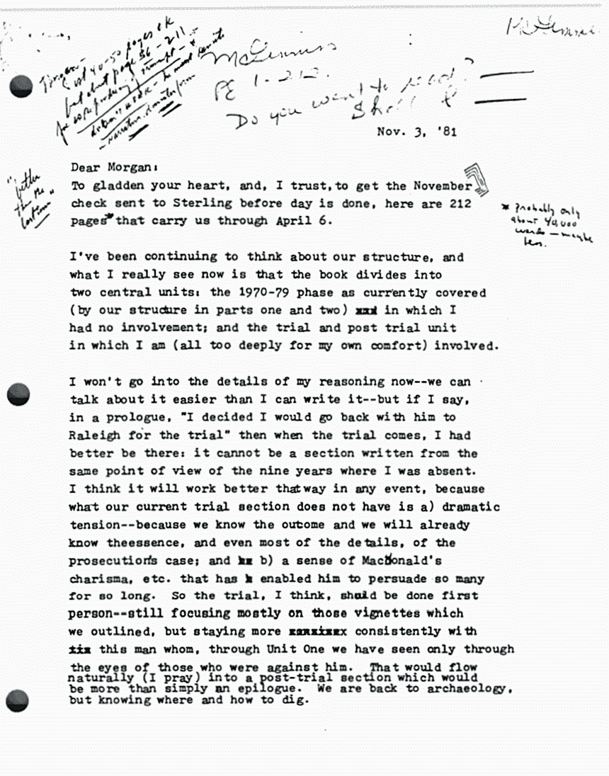 November 3, 1981: Letter from Joe McGinniss to Morgan Entrekin re: Fatal Vision, p. 1 of 3