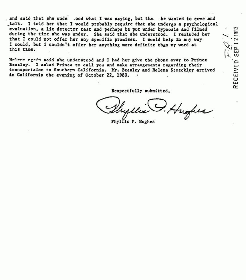 December 1, 1981: Letter from Phyllis Hughes to Ted Gunderson re: Helena Stoeckley, p. 3 of 3