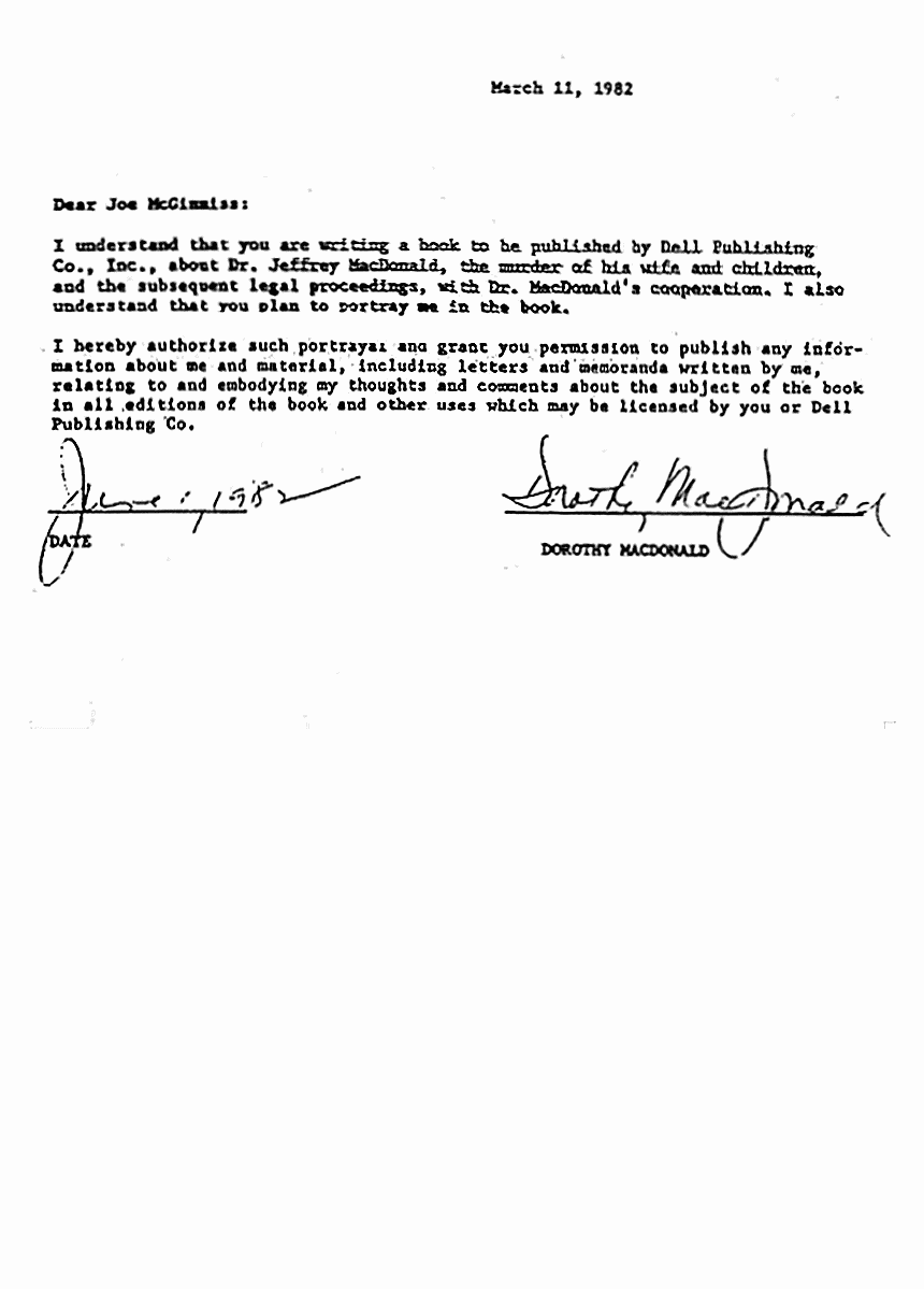 March 11, 1982: Letter of Authorization and Release from Dorothy MacDonald to Joe McGinniss re: Fatal Vision