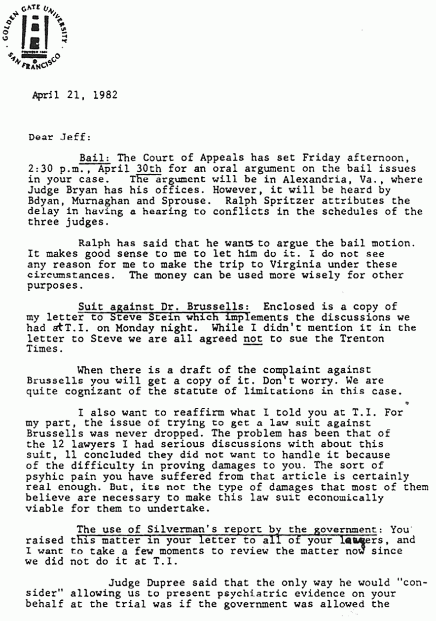 April 21, 1982: Letter from Bernard Segal to Jeffrey MacDonald re: (1) Bail and (2) Drs. Brussel and Silverman, p. 1 of 3