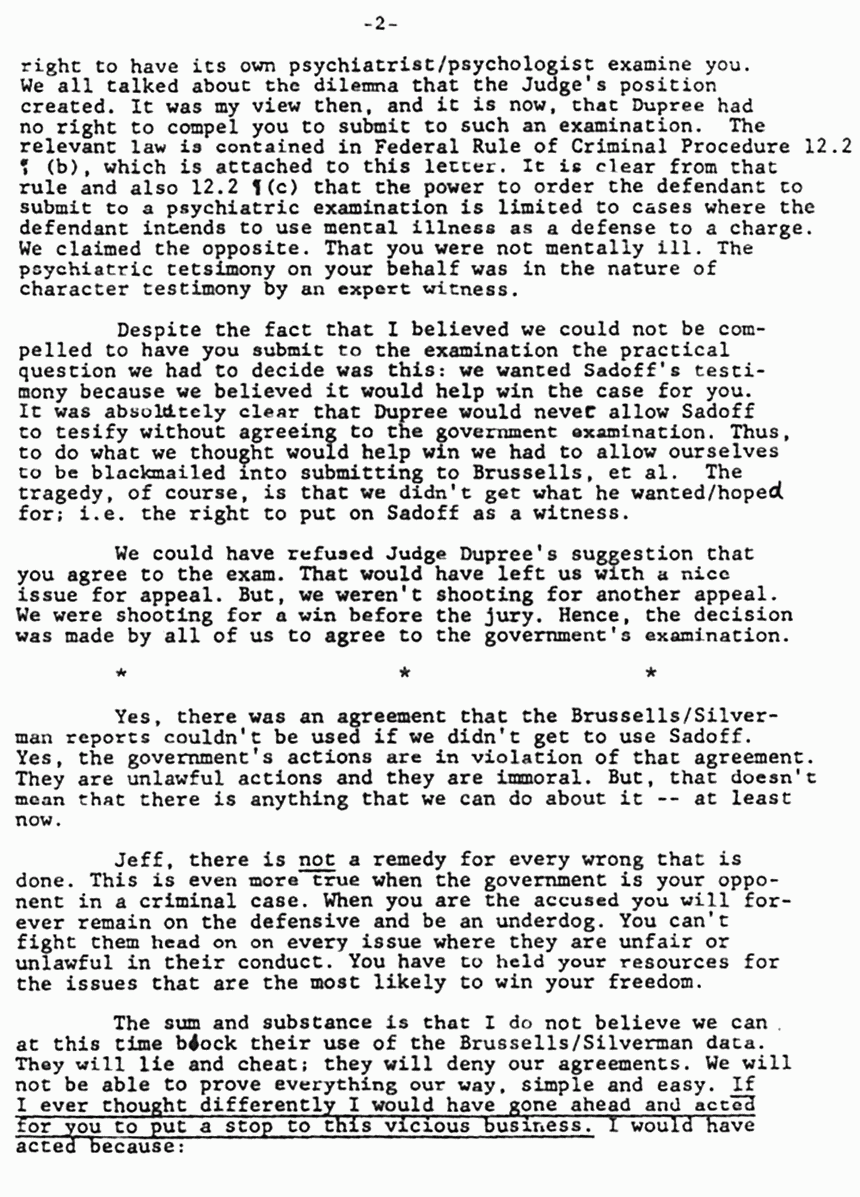 April 21, 1982: Letter from Bernard Segal to Jeffrey MacDonald re: (1) Bail and (2) Drs. Brussel and Silverman, p. 2 of 3