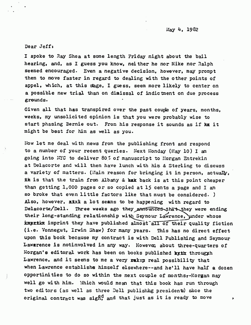 May 4, 1982: Letter from Joe McGinniss to Jeffrey MacDonald re: artistic control, p. 1 of 8