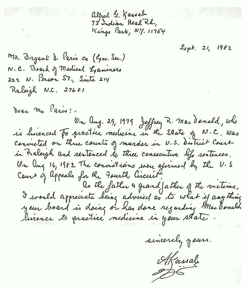 September 21, 1982: Letter from Freddy Kassab to the North Carolina Board of Medical Examiners, re: Jeffrey MacDonald's medical license