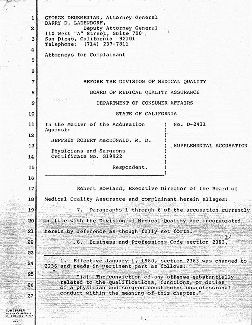 October 14, 1982: Supplemental Accusation by Robert Rowland re: Request for Hearing and Revocation of Jeffrey MacDonald's California medical license, p. 1 of 4
