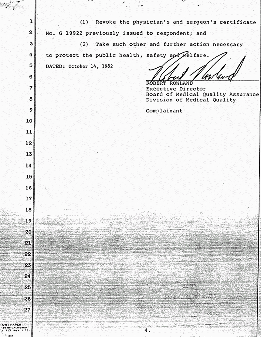 October 14, 1982: Supplemental Accusation by Robert Rowland re: Request for Hearing and Revocation of Jeffrey MacDonald's California medical license, p. 4 of 4