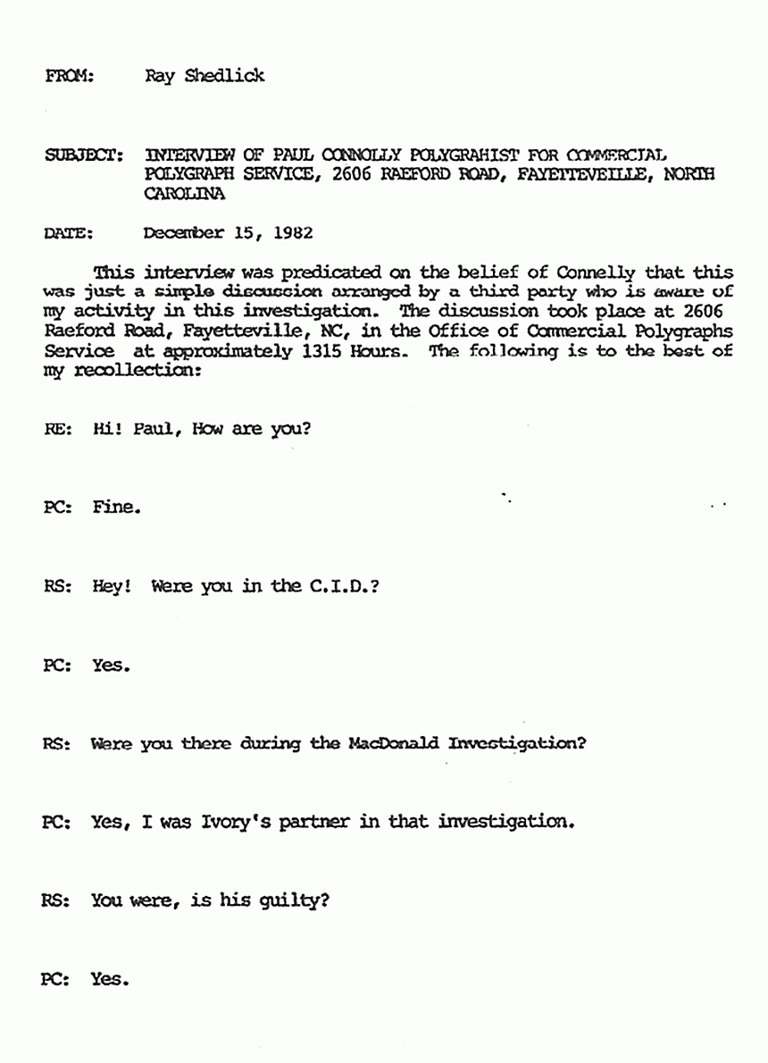 December 15, 1982: Memo from Ray Shedlick re: Inteview with Paul Connolly, p. 1 of 6