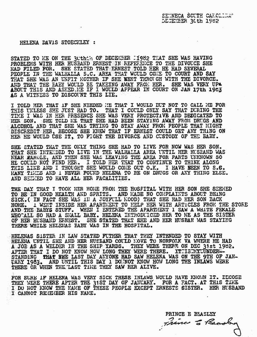 December 30, 1982: Memo from P. E. Beasley re: Helena Stoeckley and Ernest Davis