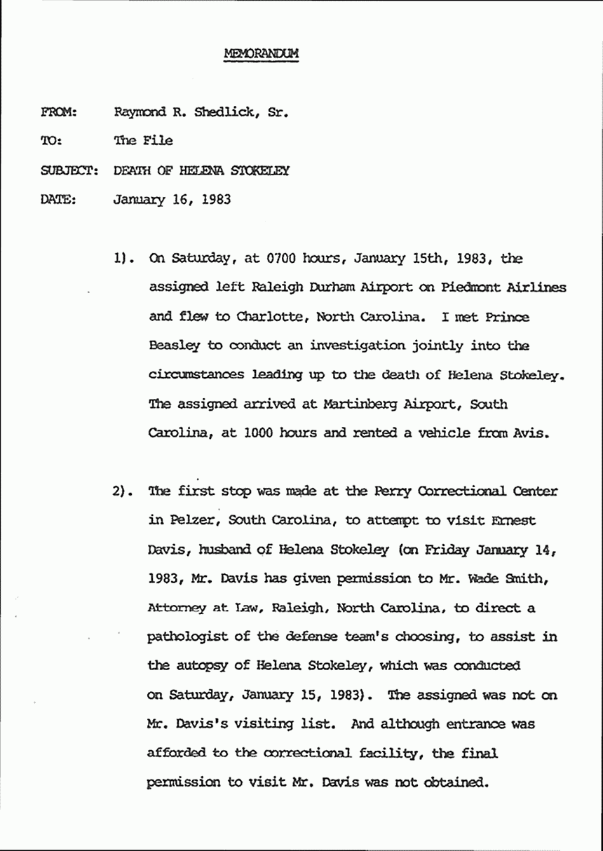 January 16, 1983: Memo from Ray Shedlick re: Death of Helena Stoeckley, p. 1 of 4