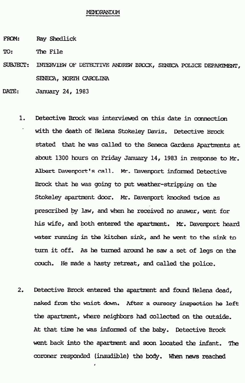 January 24, 1983: Memo from Ray Shedlick re: Det. Andy Brock's investigation of Helena Stoeckley's death, p. 1 of 3