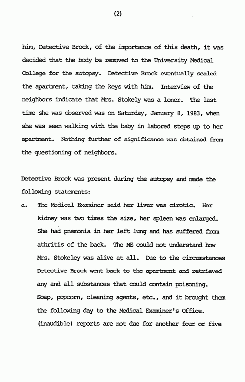 January 24, 1983: Memo from Ray Shedlick re: Det. Andy Brock's investigation of Helena Stoeckley's death, p. 2 of 3