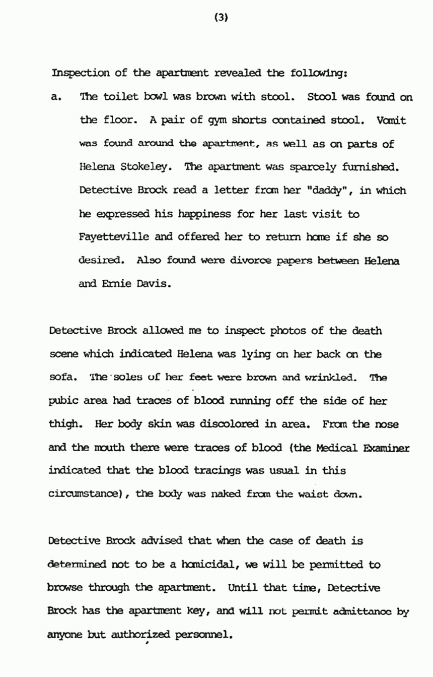January 24, 1983: Memo from Ray Shedlick re: Det. Andy Brock's investigation of Helena Stoeckley's death, p. 3 of 3