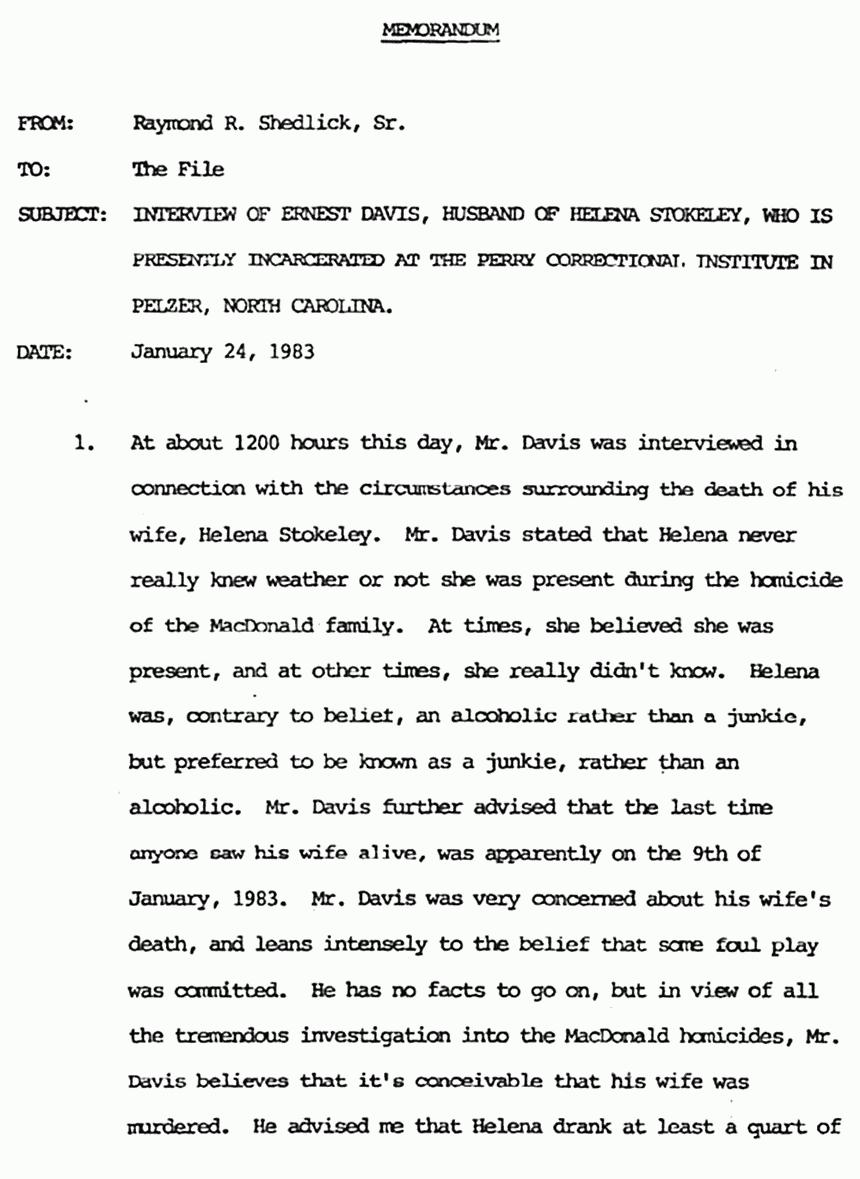 January 24, 1983: Memo from Ray Shedlick re: Interview with Ernest Davis, p. 1 of 5