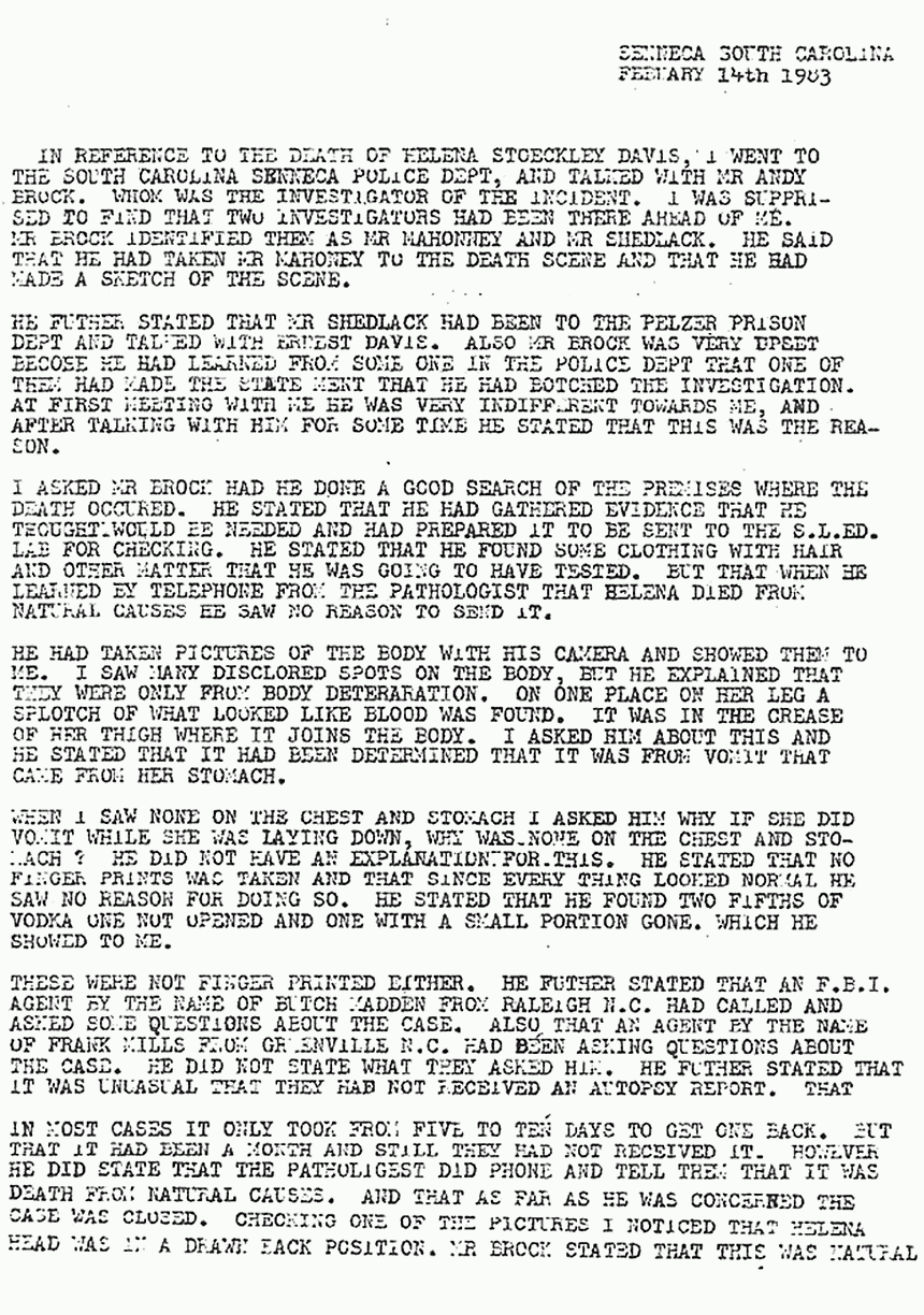 February 14, 1983: Memo from P. E. Beasley re: Det. Andy Brock's investigation of Helena Stoeckley's death, p. 1 of 2