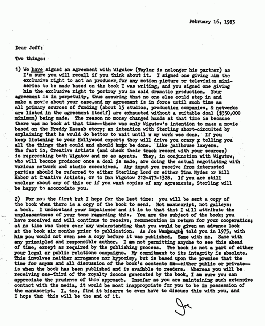 February 16, 1983: Letter from Joe McGinniss to Jeffrey MacDonald re: story rights for Fatal Vision