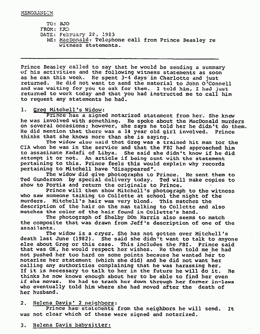February 28, 1983: Partial memo from MRD to Brian O'Neill re: P. E. Beasley