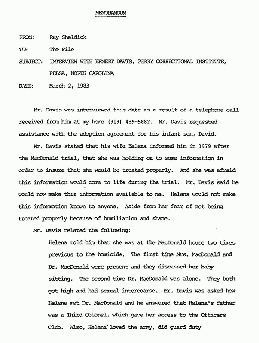 March 2, 1983: Memo from Ray Shedlick re: Interview with Ernest Davis, p. 1 of 3