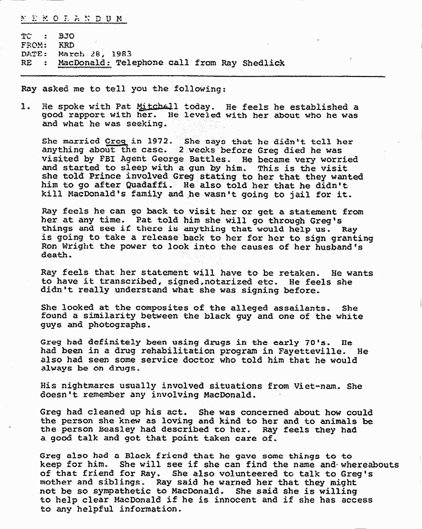March 28, 1983: Memo from Karen Davidson to defense attorney Brian O'Neill re: Telephone call with Ray Shedlick about Pat Michell and Greg Mitchell
