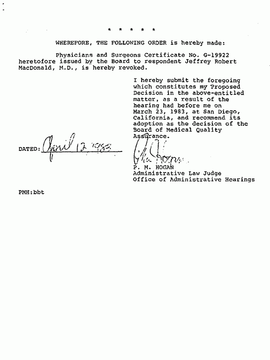 April 12, 1983: Proposed Decision re: Revocation of Jeffrey MacDonald's California medical license, p. 3 of 3
