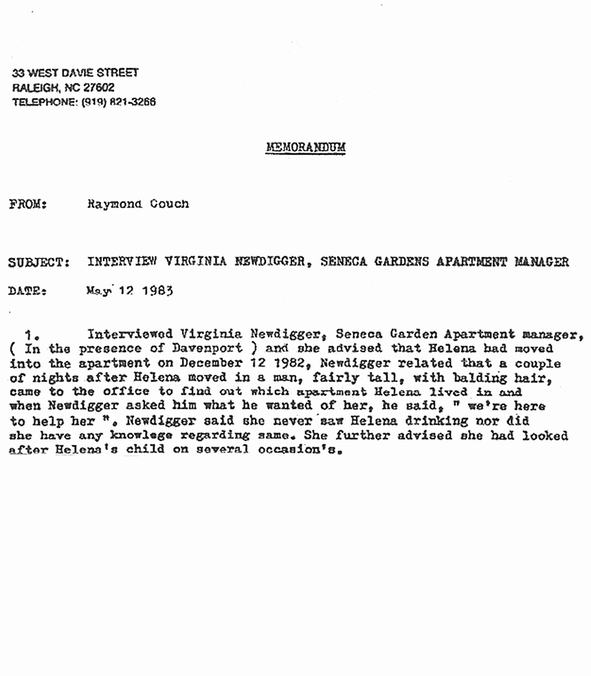 May 12, 1983: Memo from Raymond Couch re: Interview with Virginia Newdigger