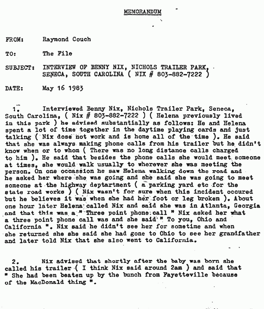 May 16, 1983: Memo from Raymond Couch re: Interview with Benny Nix re: Helena Stoeckley, p. 1 of 2
