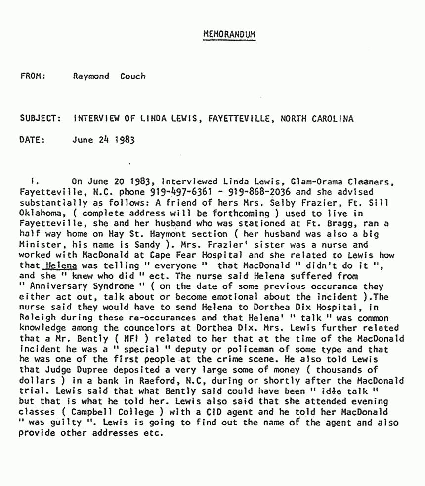 June 24, 1983: Memo from Raymond Couch re: Interview with Linda Lewis