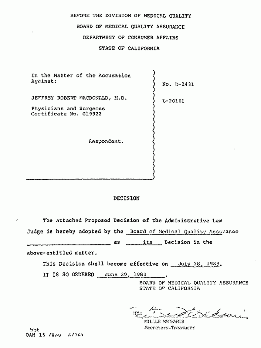 June 29, 1983: Decision re: Revocation of Jeffrey MacDonald's California medical license