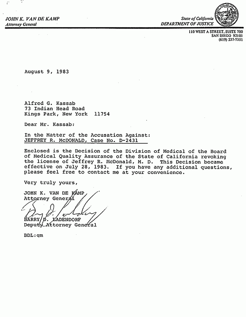 August 9, 1983: Letter from California Dept. of Justice to Freddy Kassab re: Decision to Revoke Jeffrey MacDonald's California medical license