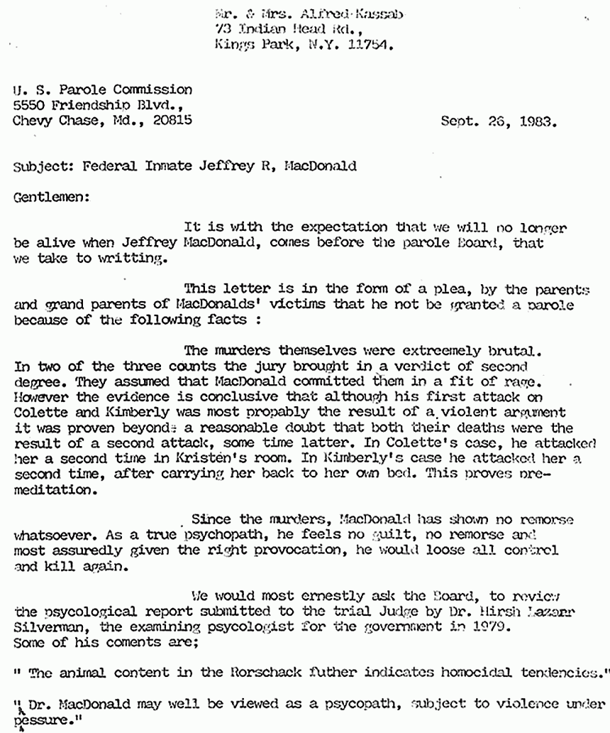 September 26, 1983: Letter from Mildred and Freddy Kassab to any future parole board, p. 1 of 2