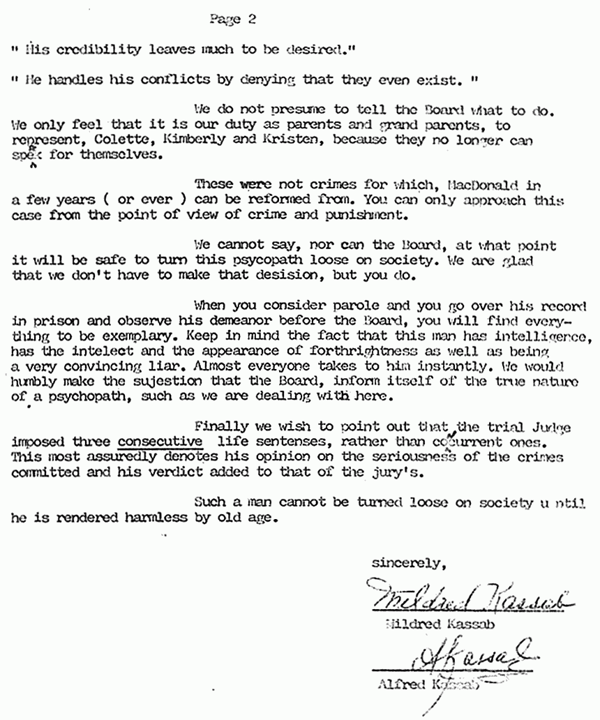 September 26, 1983: Letter from Mildred and Freddy Kassab to any future parole board, p. 2 of 2