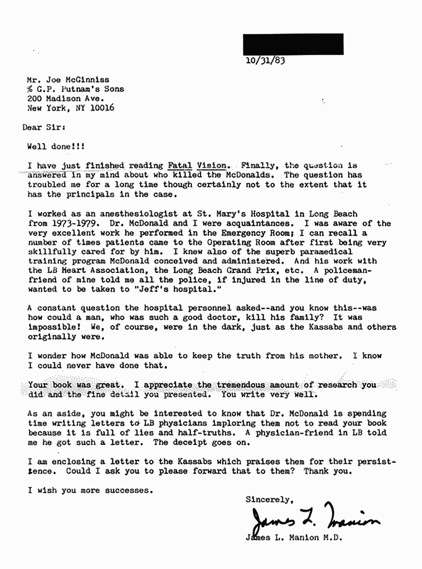 October 31, 1983: Letter from Dr. James Manion to Joe McGinniss re: Jeffrey MacDonald and Fatal Vision