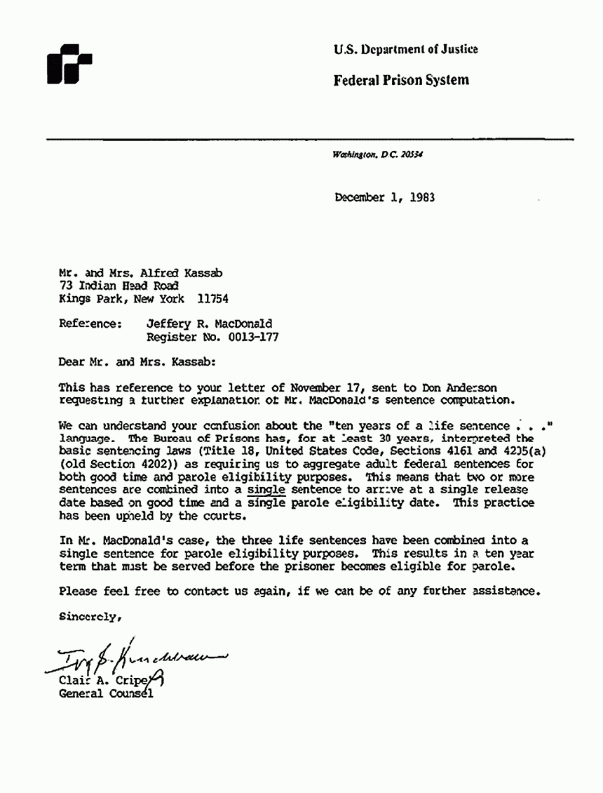 December 1, 1983: Letter from Federal Prison System to Freddy and Mildred Kassab re: Jeffrey MacDonald's eligibility for parole